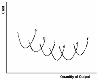 In the graph below six short-run average cost curves labeled a through f are illustrated.     -Refer to the graph above to answer this question. Which set of short-run average cost curves illustrates constant returns to scale? A)  a and b only. B)  a, b and c only. C)  a, b, c, and d. D)  d and e only. E)  e and f only.