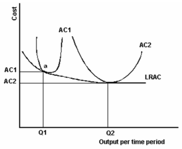 <strong>The graph below includes two plant sizes as illustrated by AC<sub>1</sub> and AC<sub>2</sub>. Refer to the graph above to answer this question. Which of the following statements is correct if a firm is operating at point a on AC<sub>1</sub>?</strong> A) The firm has achieved capacity output. B) The firm is achieving MES. C) An increase in the output would not lower costs. D) Building a larger plant would result in lower long-run average cost. E) Building a larger plant would not result in lower long-run average cost.