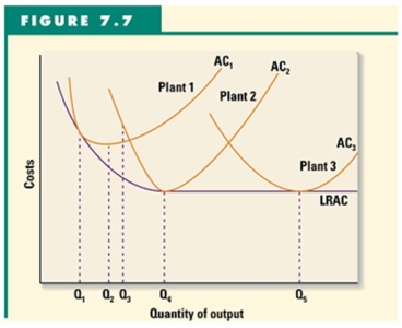  -Refer to Figure 7.7 to answer this question. All of the following statements except one are correct. Which is the exception? A)  AC<sub>1</sub>, AC<sub>2</sub>, and AC<sub>3</sub> are short-run average cost curves. B)  The long-run average cost curve illustrates both economies of and constant returns to scale. C)  Constant returns to scale exist between outputs Q<sub>4</sub> and Q<sub>5</sub>. D)  Plant 3 achieves minimum efficient scale. E)  Both the short run and the long run are illustrated in this graph.