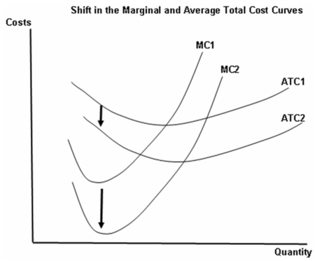  -What could have caused the average total cost curve to decrease from ATC<sub>1</sub> to ATC<sub>2</sub>? A)  The price of the product has decreased. B)  The price of a variable input has decreased. C)  Average product has decreased. D)  Average variable costs have increased. E)  Average fixed costs have increased.