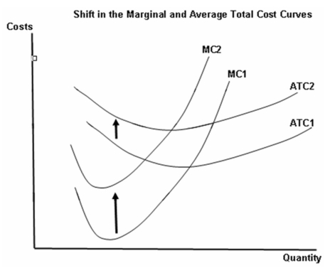   -What could have caused the average total cost curve to increase from ATC<sub>1</sub> to ATC<sub>2</sub>? A)  Marginal product of the factor input has increased. B)  The price of the variable input has decreased. C)  Average product has decreased. D)  Average variable costs have decreased. E)  Average fixed costs have decreased.