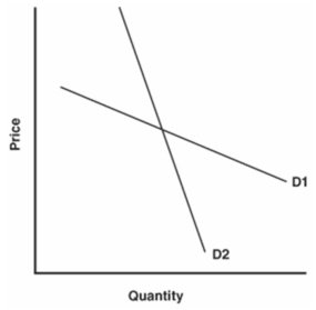 <strong>  Refer to the graph above to answer this question. Which of the following statements is correct?</strong> A) Demand curve D<sub>1</sub> is the inelastic portion of a curve that could be extended downward to the right. B) Demand curve D<sub>1</sub> is the elastic portion of a curve that could be extended downward to the right. C) Demand curve D<sub>1</sub> is more inelastic than D<sub>2</sub>. D) Demand curve D<sub>1</sub> is perfectly elastic. <div style=padding-top: 35px> 
