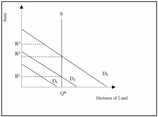 <strong> -Refer to the graph above to answer this question. Suppose that the demand for land is D<sup>3</sup> and the market is in equilibrium. What is the equilibrium rent?</strong> A) 0. B) R<sup>1</sup>. C) R<sup>2</sup>. D) R<sup>3</sup>.