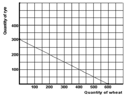 Below is a production possibilities curve for a large tract of prairie farm land.    -Refer to the graph above to answer this question. Which of the following statements would be correct if the land was producing 200 units of rye and 100 units of wheat? A)  Some of the land might be idle. B)  The most appropriate technology may not be in use. C)  There may inefficiencies in production. D)  Some of the land might be idle, the most appropriate technology may not be in use, and there may inefficiencies in production.