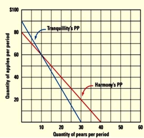   -Refer to above figure to answer this question.What do the comparative opportunity costs in the two countries suggest? A) That there are no advantages to be gained from trade. B) That Harmony should specialize in apples but export pears. C) That Tranquility should specialize in apples but export pears. D) That Harmony should specialize in pears but export apples. E) That Harmony should specialize in pears and Tranquility should specialize in apples.