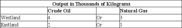 Table 13.14 shows the output of kumquats per month.    -Suppose that the productivity per worker in the crude oil and natural gas industries of Westland and Eastland are as follows:    a)Which country has the absolute advantage in producing crude oil? b)Which country has the absolute advantage in producing natural gas? c)Which country has the comparative advantage in producing crude oil? d)Which country has the comparative advantage in producing natural gas? e)According to the theory of comparative advantage,will there be trade? If yes,what is the direction of trade?