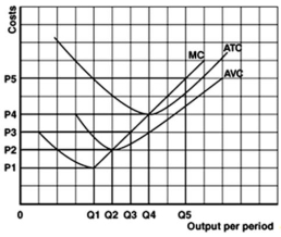 The following graph shows the costs for a perfectly competitive producer:    -Refer to the above graph to answer this question.If the price of the product is P5,what is the profit-maximizing output? A) Q1. B) Q2. C) Q3. D) Q4. E) Q5.