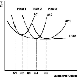   -Refer to the graph above to answer this question.Between what output levels do constant returns to scale exist? A) Q<sub>1</sub> and Q<sub>2</sub>. B) Q<sub>1</sub> and Q<sub>3</sub>. C) Q<sub>1</sub> and Q<sub>4</sub>. D) Q<sub>1</sub> and Q<sub>5</sub>. E) Q<sub>4</sub> and Q<sub>5</sub>.
