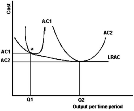 The graph below includes two plant sizes as illustrated by AC<sub>1</sub> and AC<sub>2</sub>.    -Refer to the graph above to answer this question.All of the following statements except one are correct if a small market limits a firm's output to Q<sub>1</sub>.Which is the exception? A) The firm is not achieving capacity output in plant 1. B) The firm is not achieving minimum efficient scale. C) The firm is experiencing excess capacity. D) The firm would benefit from a larger market. E) Building a larger plant would lower the firm's average cost of producing Q<sub>1</sub>.