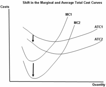  -What could have caused the average total cost curve to decrease from ATC<sub>1</sub> to ATC<sub>2</sub>? A) The price of the product has decreased. B) The price of a variable input has decreased. C) Average product has decreased. D) Average variable costs have increased. E) Average fixed costs have increased.