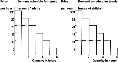   -Refer to the graph above to answer this question.The graph shows a tennis coach charges $20 per hour for tennis lessons for adults and $10 per hour for tennis lessons for children.The tennis coach is practicing: A) Peak load pricing B) Three part pricing C) Price discrimination D) Bundling E) All of the choices are correct.