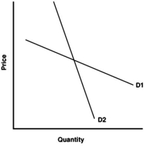   -Refer to the graph above to answer this question.Which of the following statements is correct? A) Demand curve D<sub>2</sub> is the inelastic portion of a curve that could be extended upward to the left. B) Demand curve D<sub>1</sub> is the elastic portion of a curve that could be extended upward to the left. C) Demand curve D<sub>2</sub> is more elastic than D<sub>1</sub>. D) Demand curve D<sub>2</sub> is perfectly inelastic.