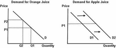   -Refer to the graphs above to answer this question.Suppose that the price of orange juice increases from P<sub>1</sub> to P<sub>2</sub> and the demand curve for apple juice shifts to the right from D<sub>1</sub> to D<sub>2</sub>.What can be said about the cross-elasticity of demand for the two juices and their relationship? A) The cross elasticity of demand coefficient between the two juices is negative and the juices are substitutes. B) The cross elasticity of demand coefficient between the two juices is negative and the juices are complements. C) The cross elasticity of demand coefficient between the two juices is positive and the juices are complements. D) The cross elasticity of demand coefficient between the two juices is positive and the juices are substitutes.