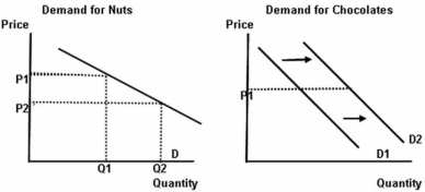   -Refer to the graphs above to answer this question.Suppose that the price of nuts decreases from P<sub>1</sub> to P<sub>2</sub> and the demand curve for chocolates shifts to the right from D<sub>1</sub> to D<sub>2</sub>.What is the relationship between nuts and chocolates? A) The demand for nuts and chocolates must be unit elastic. B) Nut and chocolates must be substitutes. C) The cross-elasticity coefficient of demand for both nuts and chocolates must be positive. D) Nuts and chocolates must be complements. E) There is no relationship between nuts and chocolates.