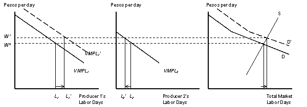 Figure 9.1 The Effects of an Employer-Specific Labor Demand Increase when Labor is Perfectly Mobile(a)  (b)  (c)     -According to Figure 9.1 which of the panels depicts,when producer 1 increases wages to attract workers from producer 2,what happens to total labor in the market? A)  Producer 1 increases labor,producer 2 decreases labor the total labor used stays the same B)  Producer 1 decreases labor,producer 2 decreases labor the total labor used increased C)  Producer 1 decreases labor,producer 2 increases labor the total labor increased D)  Producer 1 increases labor,producer 2 decreases labor the total labor increased