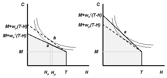  Figure 16.1   \text { Mary }  Mary   \text { Jane }  Jane    -According to figure 16.1 how much can each woman consume if they don't participate in the workfare program? A)  Each woman can consume M B)  Mary can consume at point A; Jane can consume at point B C)  Mary can consume at point A; Jane can consume at point A D)  There is not enough information to tell 