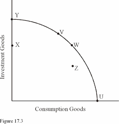   - Refer to Figure 17.3.Assume X units of plants and equipment wear out each year.What will happen to the PPC in the future if the economy currently produces at point W? A) It will stay the same. B) It will shift outward. C) It will shift inward.