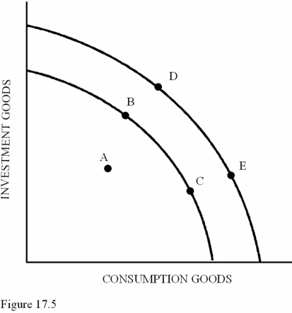   - A movement from point C to point E in Figure 17.5 illustrates A) A decrease in the capacity to produce. B) The short-run opportunity cost of achieving long-run economic growth. C) An increase in the capacity to produce.