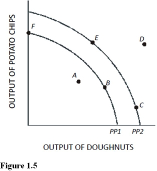 Use the following figure to answer questions: Figure 1.5  -Using Figure 1.5,if an economy has the capacity to produce represented by PP2,then point E represents A) A constant trade-off between potato chips and doughnuts. B) A combination of potato chips and doughnuts that is not attainable. C) An efficient use of resources. D) None of the choices are correct.