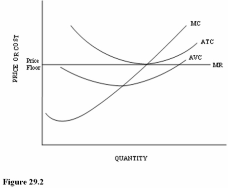   Refer to Figure 29.2 for Farmer Sanchez with a price floor set above the market price. Assume the price support is located at the minimum point on the farmer's ATC curve. If this support is eliminated, Farmer Sanchez may do all of the following except A)  Leave the market. B)  Reduce costs by investing in new technology. C)  Shut down in the short run if price is below the minimum AVC. D)  Increase production.