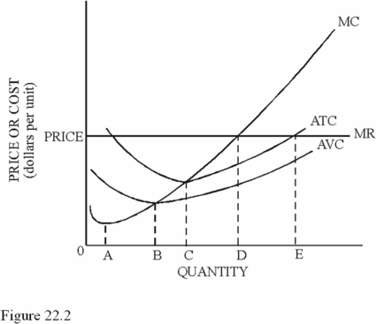 <strong> Refer to Figure 22.3 At quantity level B</strong> A) The company is maximizing profit. B) Marginal cost is greater than marginal revenue, so it should cut production. C) The company is minimizing loss. D) Marginal revenue is greater than marginal cost, so the firm should expand production.