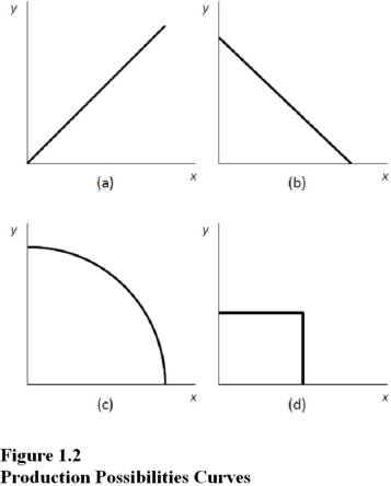   Choose the letter of the curve in Figure 1.2 that best represents a production possibilities curve for two goods for which there are constant opportunity costs: A) A. B) B. C) C. D) D.