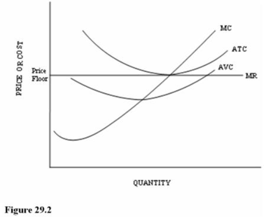   Refer to Figure 29.2 for Farmer Sanchez with a price floor set above the market price.Assume the price support is located at the minimum point on the farmer's ATC curve.If this support is eliminated, Farmer Sanchez may do all of the following except A)  Leave the market. B)  Reduce costs by investing in new technology. C)  Shut down in the short run if price is below the minimum AVC. D)  Increase production.