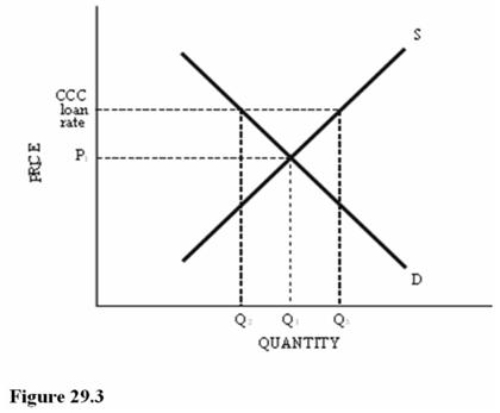   Refer to Figure 29.3 for a cotton market with an equilibrium price of P<sub>1</sub> and a Commodity Credit Corporation (CCC)  loan rate set above P<sub>1</sub>.Given this situation, cotton farmers are most likely to A)  Sell their cotton on the market and repay the CCC loan with the proceeds plus other funds to make up the difference. B)  Sell their cotton on the market and repay only a portion of the CCC loan. C)  Give their cotton to the CCC and not repay the loan. D)  Leave the cotton farming business.