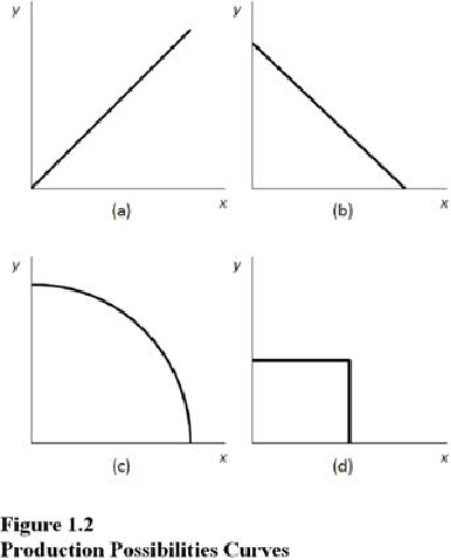   Choose the letter of the curve in Figure 1.2 that best represents a production possibilities curve for two goods for which there are constant opportunity costs: A)  A B)  B. C)  C. D) D.