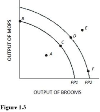   Which of the following is true about the combination of mops and brooms represented by point E in Figure 1.3 and using PP1? A)  Point E is efficient now. B)  Point E is attainable if this economy uses more of its available resources. C)  Point E is unattainable if this economy becomes more efficient. D)  Point E is attainable only if more resources become available or technological advances are made. Any point outside the production possibilities curve cannot be attained without growth in resources or better technology.