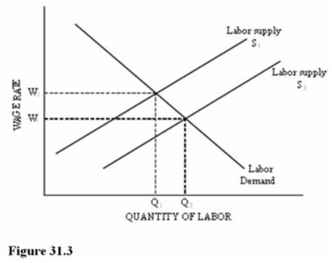 Refer to Figure 31.3 for a competitive labor market.   A shift in labor supply from S<sub>1</sub> to S<sub>2</sub> could be caused by:. A) An increase in the wage rate. B) The unionization of another labor market. C) An increase in the price of the product being produced. D) An increase in the price of machinery used in the production of the product.