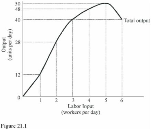   In Figure 21.1, diminishing marginal returns first occur with the A) Fifth worker. B) Fourth worker. C) Third worker. D) Second worker.