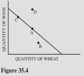   Refer to Figure 35.4 for the production possibilities curve for Chile: Chile's production and consumption of wine and wheat without trade are represented by point A.Suppose that Chile has a comparative advantage in the production of wine compared to the United States and specialization and trade take place between the two countries.The most likely new combination of wine and wheat available to Chile would be A) A. B) B. C) C. D) D.