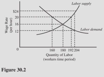   In Figure 30.2,the equilibrium wage rate is A) $24 per hour. B) $20 per hour. C) $16 per hour. D) $12 per hour.