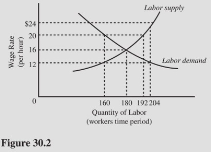   In Figure 30.2,a minimum wage of $20 will result in a A) Shortage of 160 workers. B) Shortage of 180 hours. C) Surplus of 32 workers. D) Surplus of 20 workers.