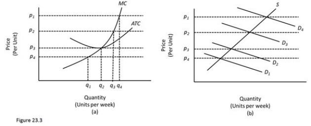   In Figure 23.3,diagram  a  presents the cost curves that are relevant to a firm's production decision,and diagram  b  shows the market demand and supply curves for the market.Use both diagrams to answer the following question: In Figure 23.3,at a price of p1 in the long run A) Firms will enter the market. B) Economic profits equal zero. C) Firms will exit the market. D) P = ATC.