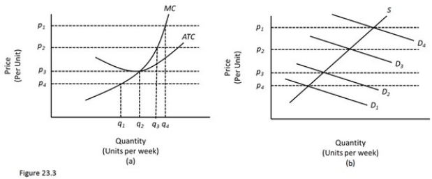   In Figure 23.3,diagram  a  presents the cost curves that are relevant to a firm's production decision,and diagram  b  shows the market demand and supply curves for the market.Use both diagrams to answer the following question: In the long run,at prices below p3 in Figure 23.3, A) There is economic profit. B) The firm will produce the quantity where MC = MR. C) Firms will enter the market. D) Firms will exit the market.