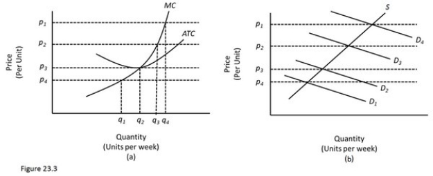   In Figure 23.3,diagram  a  presents the cost curves that are relevant to a firm's production decision,and diagram  b  shows the market demand and supply curves for the market.Use both diagrams to answer the following question: In Figure 23.3,the price at which a firm makes zero economic profits is A) p1. B) p2. C) p3. D) p4.
