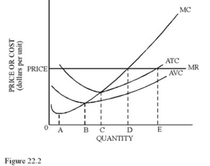   Refer to Figure 22.2 for a perfectly competitive firm.The profit-maximizing quantity of output is A) B. B) C. C) D. D) E.