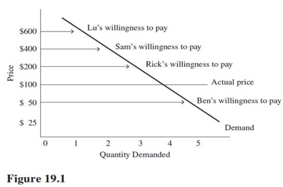 See Figure 19.1.Lu's consumer surplus is equal to   A) $100. B) $200. C) $300. D) $500.