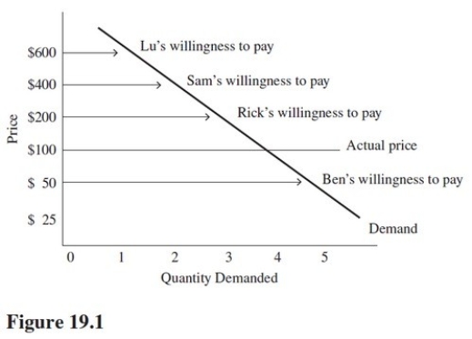 Refer to Figure 19.1.The total consumer surplus in this market is equal to   A) $950. B) $900. C) $850. D) $800.