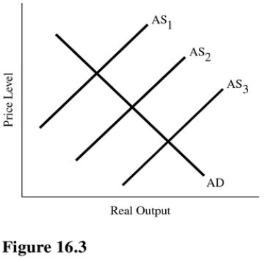   Refer to Figure 16.3.A shift from AS<sub>3</sub> to AS<sub>2</sub> could be caused by A) A decrease in government spending. B) A decrease in the money supply. C) An increase in the marginal tax rate. D) An increase in the investment in human capital.