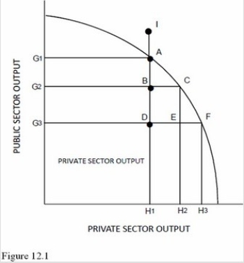 Refer to Figure 12.1.Assuming the economy is on the production possibilities curve,crowding out suggests that an increase in government spending financed by internal borrowing would move the economy from point   A) C to point F. B) C to point A. C) A to point C. D) C to point E.