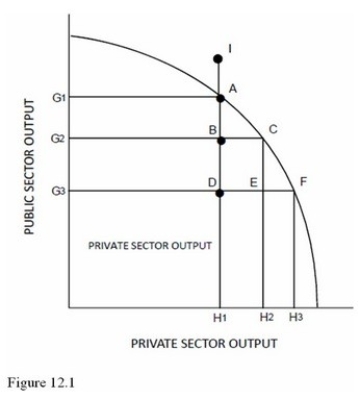 Refer to Figure 12.1.An increase in government spending financed with external debt would move the economy's potential consumption from point   A) B to point A. B) A to point I. C) C to point E. D) C to point A.