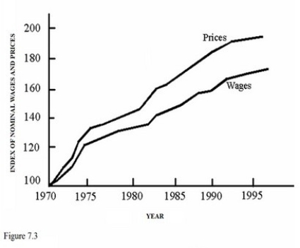   During the time period represented in Figure 7.3,the purchasing power of the average worker A) Increased because nominal wages increased. B) Decreased because real income decreased. C) Stay the same because COLAs reduced purchasing power. D) Decreased because nominal income decreased.
