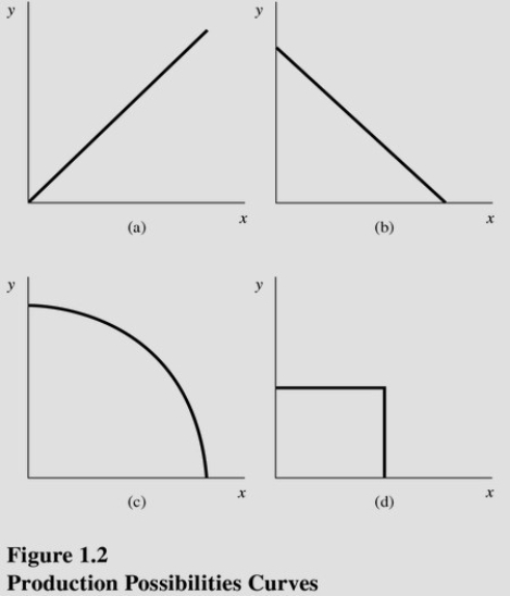   Choose the letter of the curve in Figure 1.2 that best represents a production possibilities curve for two goods that obey the law of increasing opportunity costs: A) A. B) B. C) C. D) D.