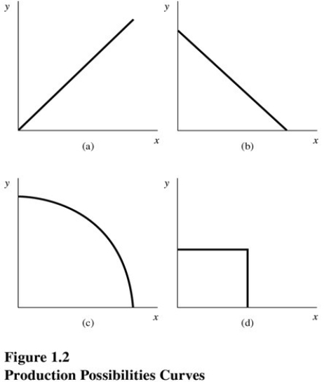   Choose the letter of the curve in Figure 1.2 that best represents a production possibilities curve for two goods for which there are constant opportunity costs: A) A. B) B. C) C. D) D.