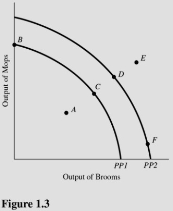   Using Figure 1.3 and starting from PP1,an increase in the capacity to produce can be represented by a movement from A) Point A to point B. B) Point A to point C. C) Point B to point C. D) Point C to point F.