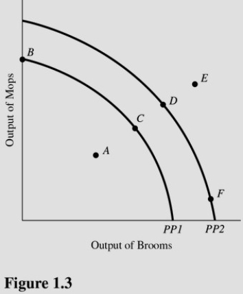  Which of the following is true about the combination of mops and brooms represented by point E in Figure 1.3 and using PP1? A) Point E is efficient now. B) Point E is attainable if this economy uses more of its available resources. C) Point E is unattainable if this economy becomes more efficient. D) Point E is attainable only if more resources become available or technological advances are made.
