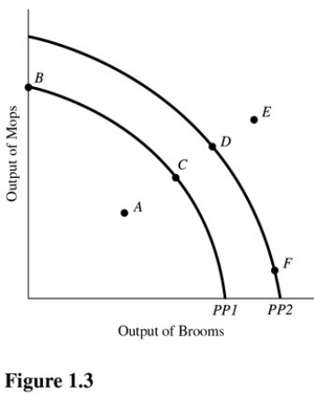   An increase in the proportion of the population that is unemployed above the normal rate is best represented in Figure 1.3 and using PP1 by a movement from point A) C to point D. B) D to point C. C) C to point A. D) E to point D.